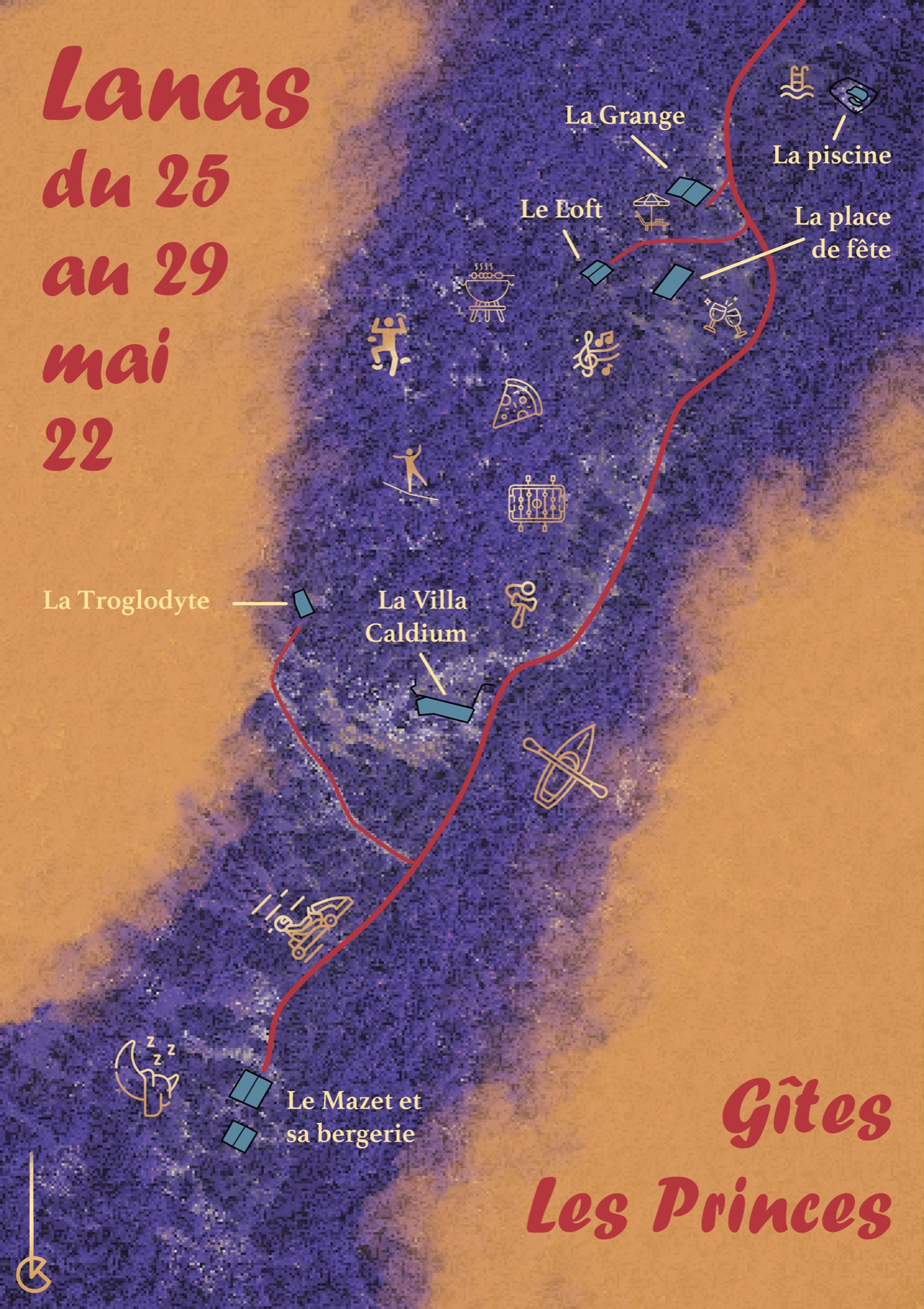 Affiche illustrée de Lanas, carte du hameau avec ses lieux-dits et la place de fête.